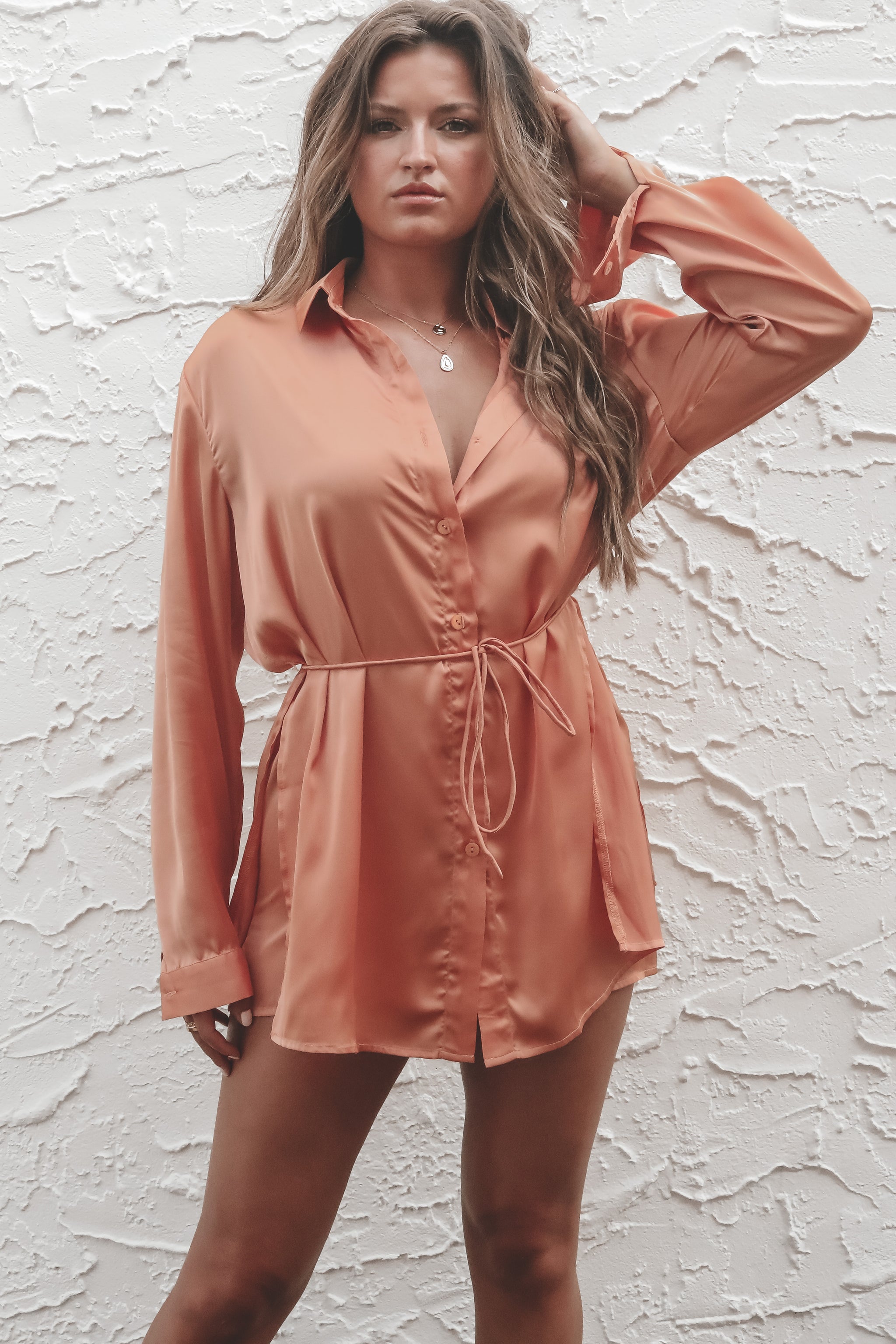 satin long sleeve button up dress Giving Beverly Hills Satin Button Up Romper Dress – Amazing Lace