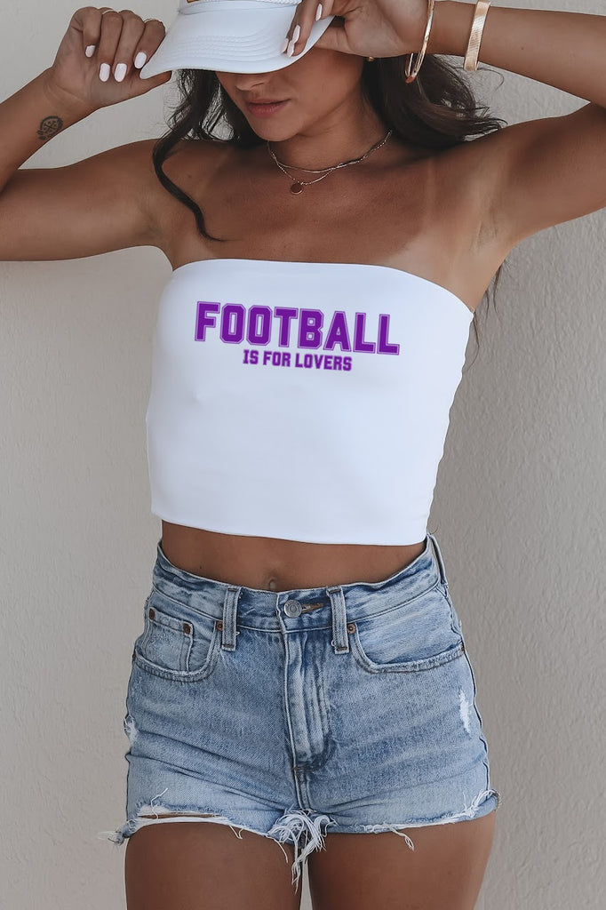 Football Is For Lovers Purple and White College Game Day Tailgate Tube Top 