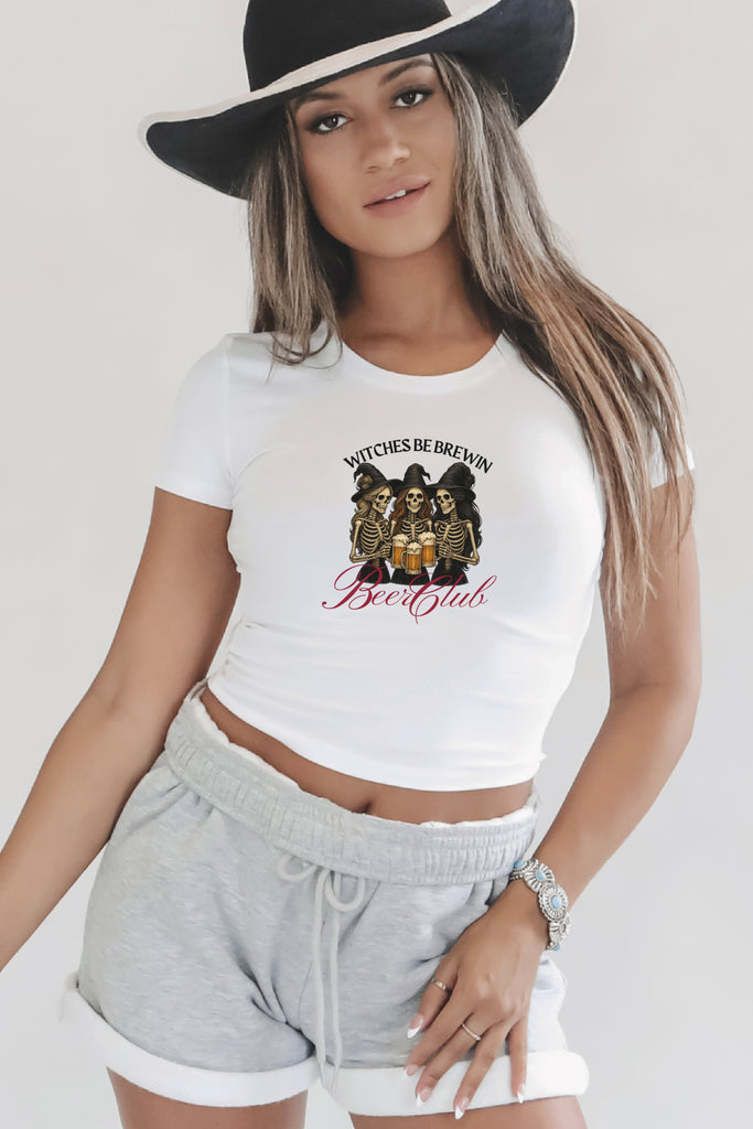Witches Be Brewin Beer Club Halloween graphic baby tee 