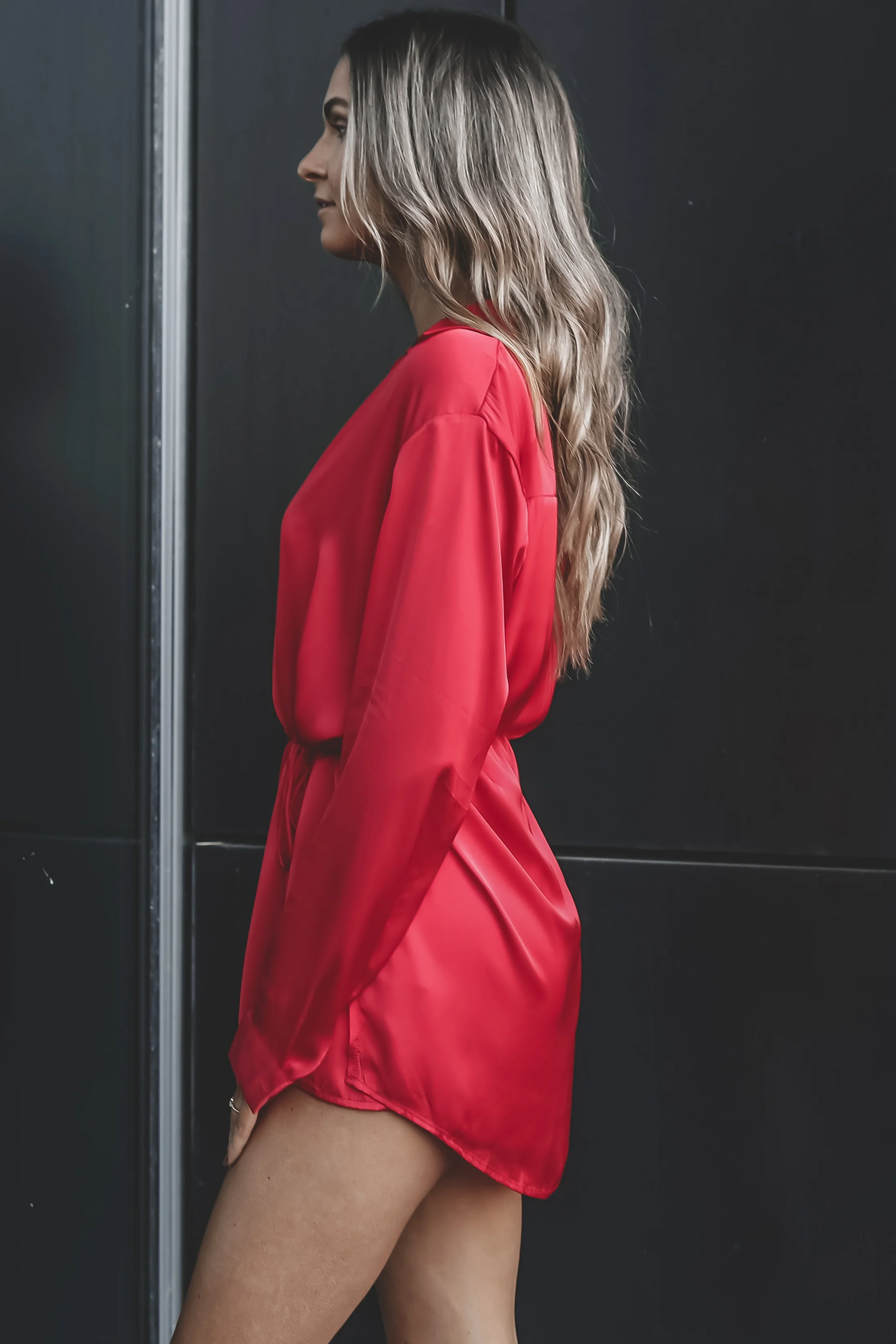 red romper dress Giving Beverly Hills Satin Button Up Romper Dress – Amazing Lace