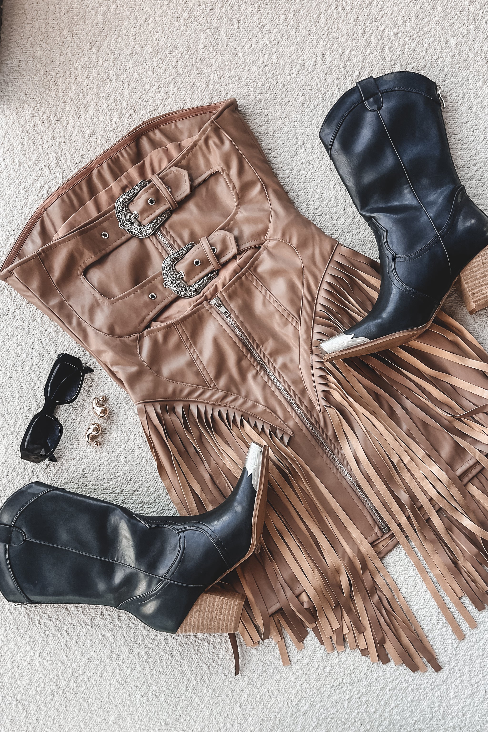Broadway Stunner Leather Fringe Western Mini Dress Black / L Broadway Stunner Leather Fringe Western Mini Dress Black / L