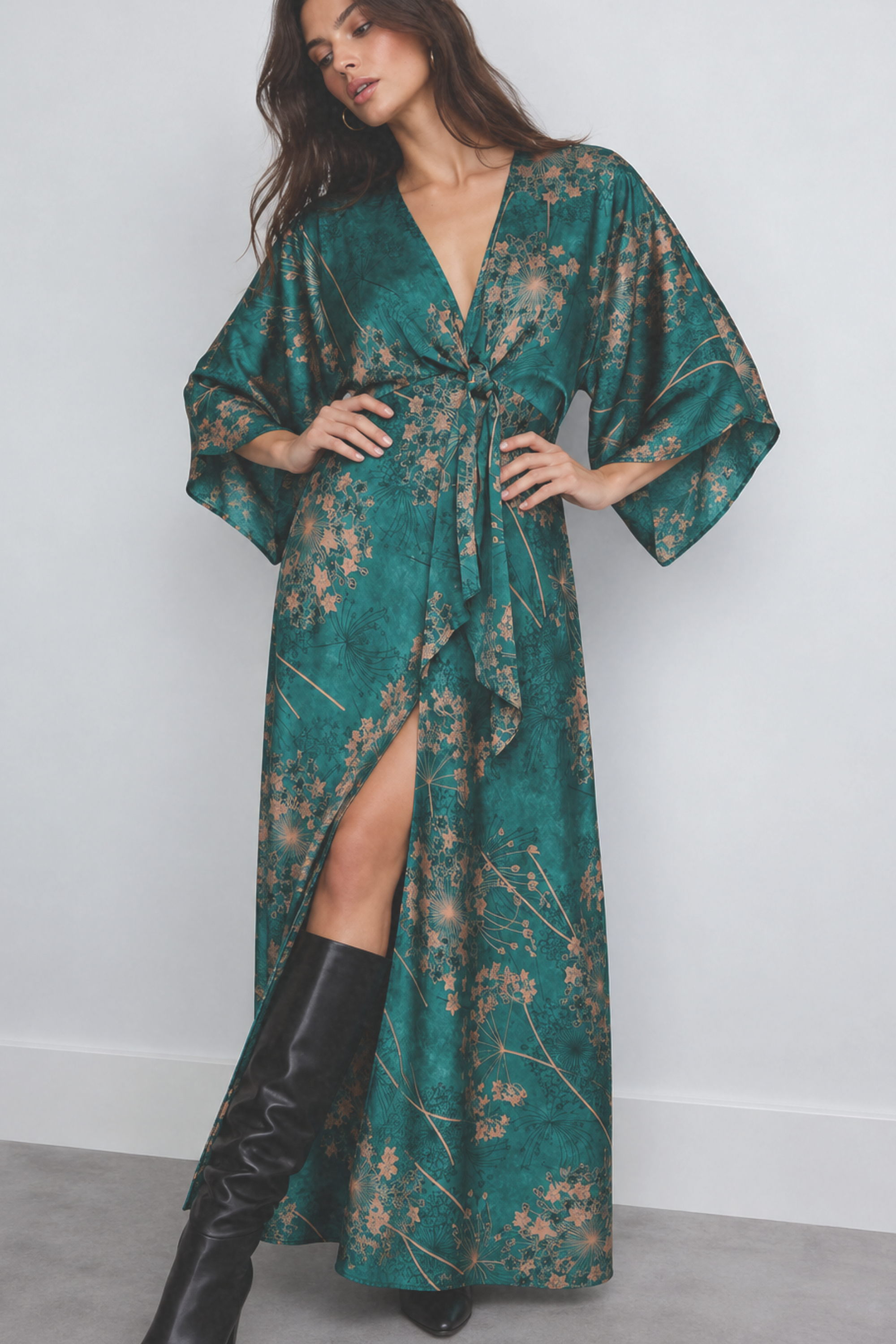 Teal Green Teal Green Floral Kimono Maxi Dress