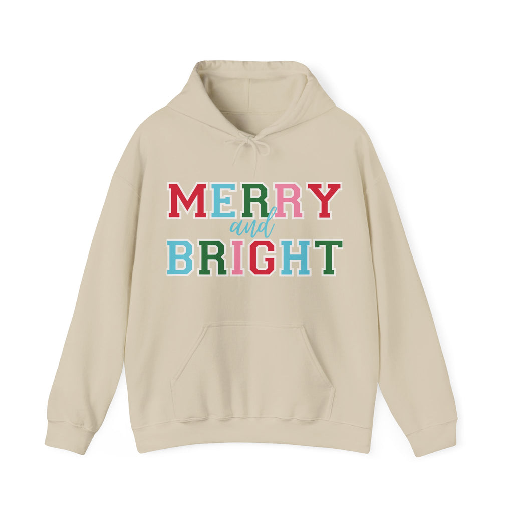Beige hoodie with 'Merry and Bright' text in multicolor on a white background