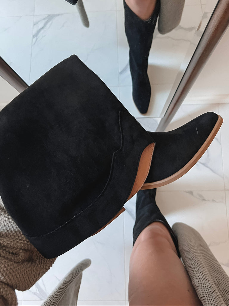 Person wearing black suede ankle boots with a mirror reflection on a tiled floor.