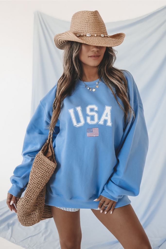 usa crew neck sweatshirt blue flag distressed