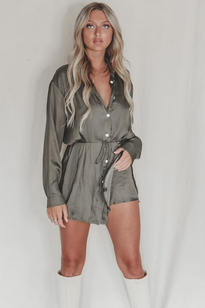 So Here For This Satin Button Up Romper – Amazing Lace